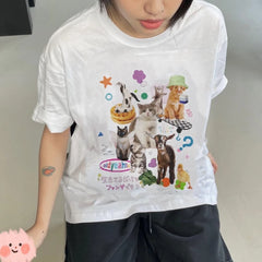 LIZAKOSHT  -  Cute Milk Cat Graphic T-Shirts for Women Oversized Retro Harajuku Fashion Streetwear Tee Shirt Y2k Aesthetic Female Tees Tops