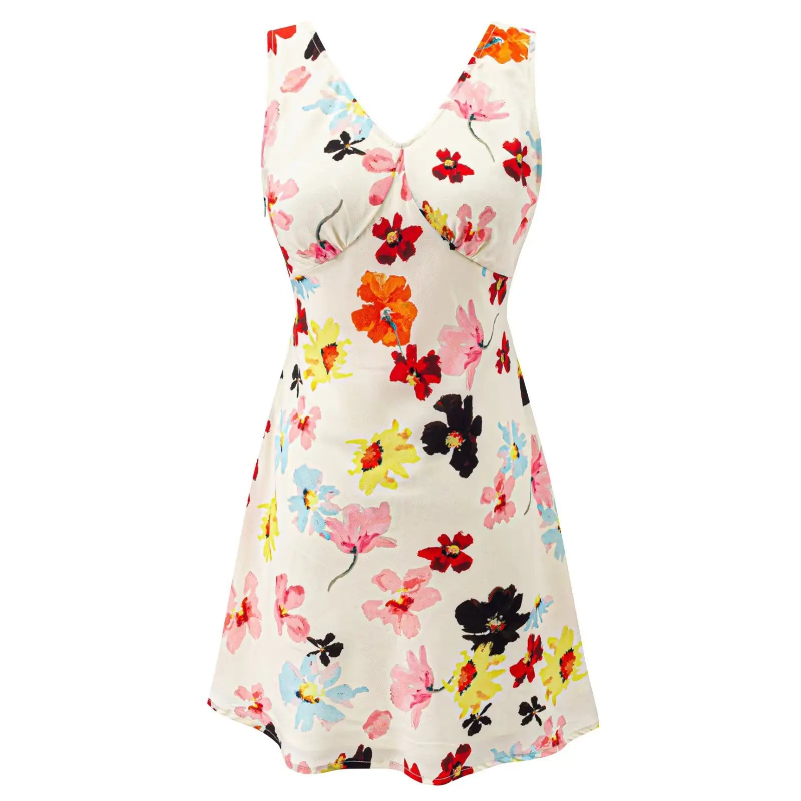 LIZAKOSHT  -  French style Beige Floral Print V neck Sleeveless Dress Women V Back Lacing Up Bow Waist A-line Short Tank Dresses Summer Robe