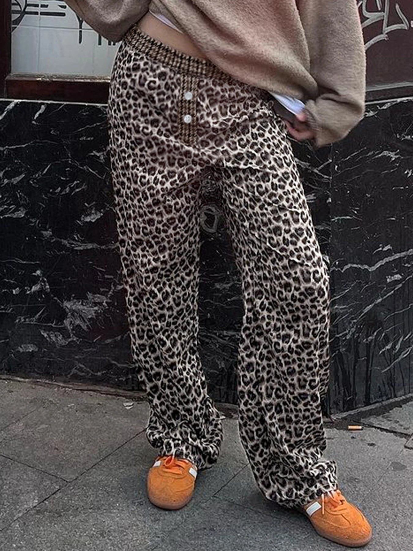 LIZAKOSHT  -  Leopard Print Patchwork Straight Pants Elastic Waist Fashion Harajuku Trousers Aesthetic 2000s Casual Baggy Bottom