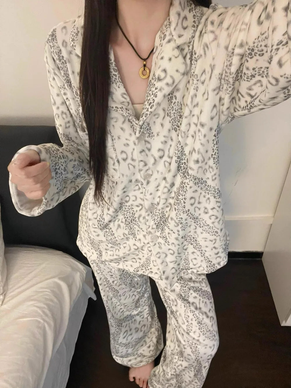 LIZAKOSHT  -  Leopard Print Soft Pajamas for Woman Sleepwear Long Sleeved Top and Long Trousers Casual Loungewear Set Pyjamas Spring Autumn