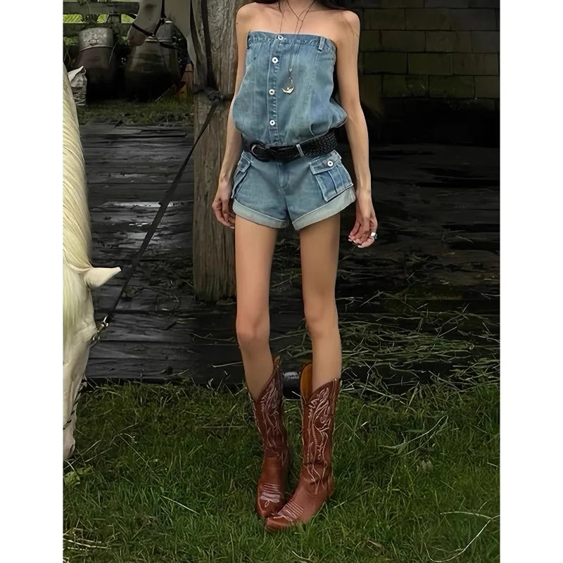 LIZAKOSHT  -  Sexy Spicy Girl Versatile Edge Slimming Shorts Summer Sleeveless Single Breasted Street Fashion Y2k Temperament Jeans Jumpsuit