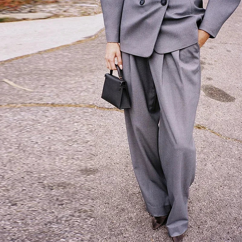 LIZAKOSHT  -  Retro Double Breasted Jacket Long Pant Set Lady Elegant Gray Waist-cinching Jackets Straight Pants Sets Women New Chic Steetwear