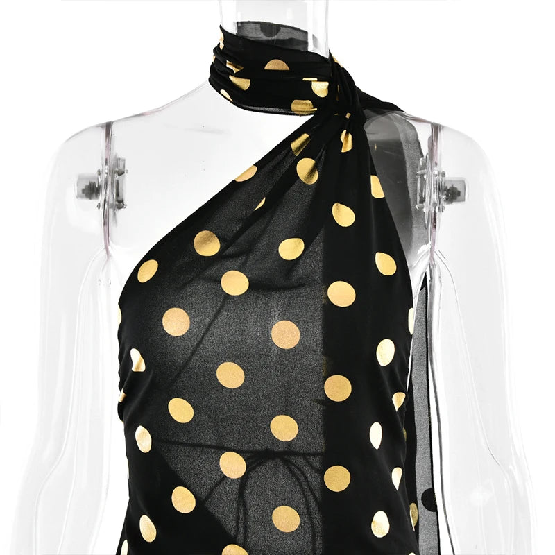 LIZAKOSHT  -  Elegant Hanging Neck Backless Off-shoulder Polka Dot Chiffon Slimming Irregular Long Dress Party Vacation Clothes For Women