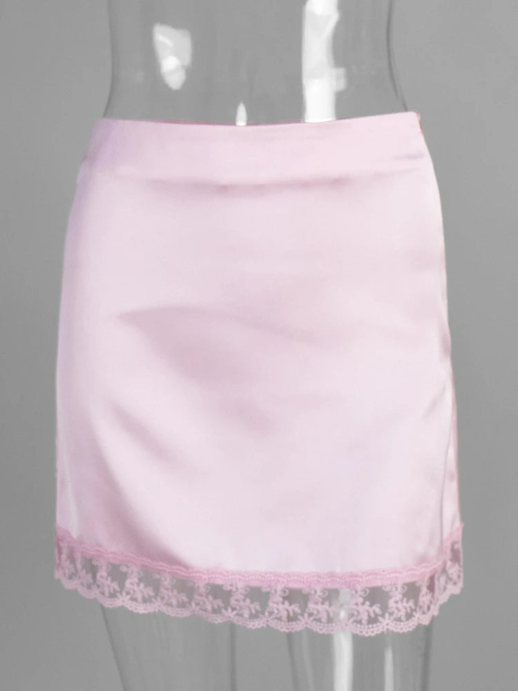 LIZAKOSHT  -  New Chic Lace Patchwork Pink Skirts Women's Summer Zip-up Slim Satin Skirt Female Casual Short Dress Y2K Streetwear