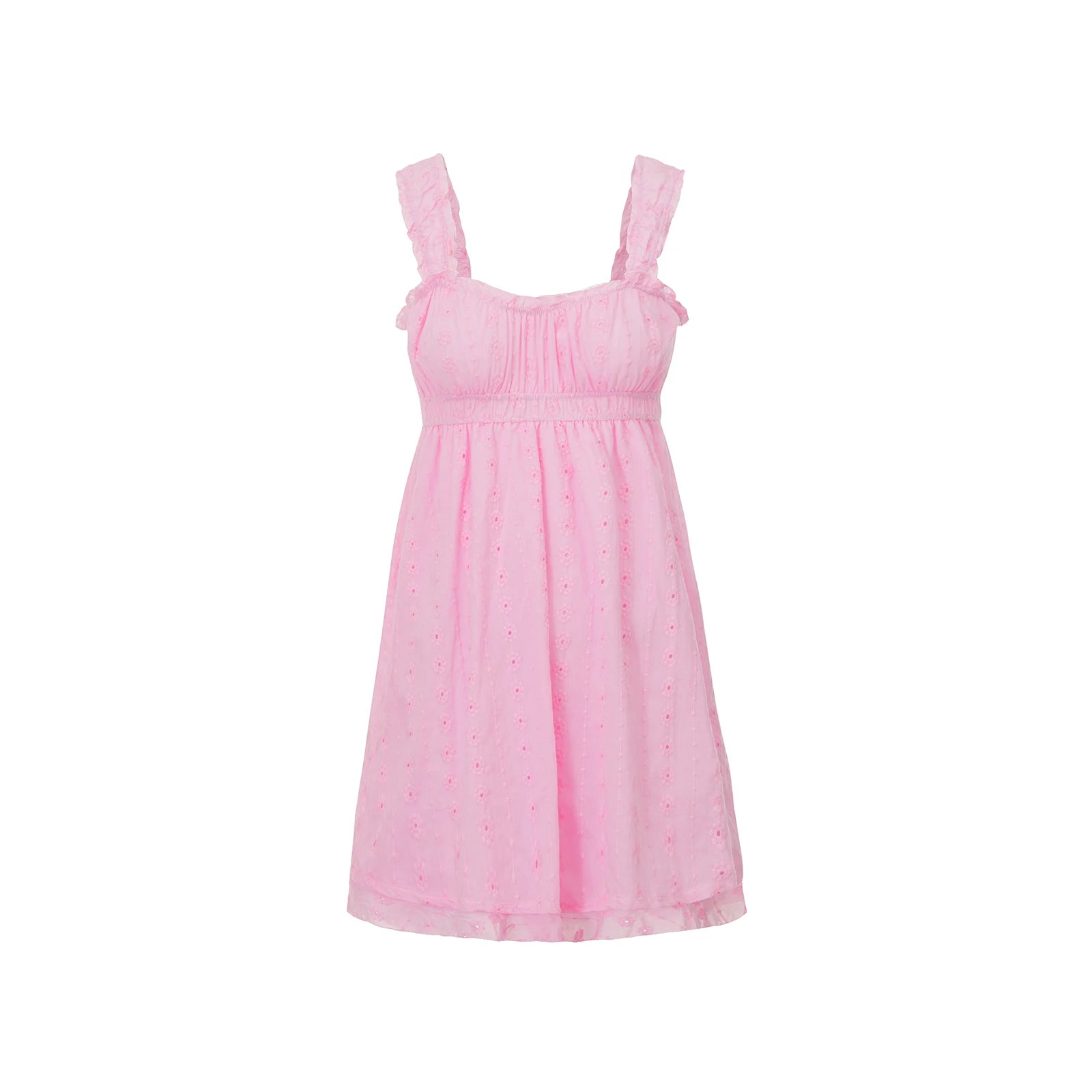 LIZAKOSHT  -  Ruffles Hem Babydoll A-line Dress Vintage Eyelet Mini Dress Women Sleeveless Square Neck Ruched Bust Flowy Dress