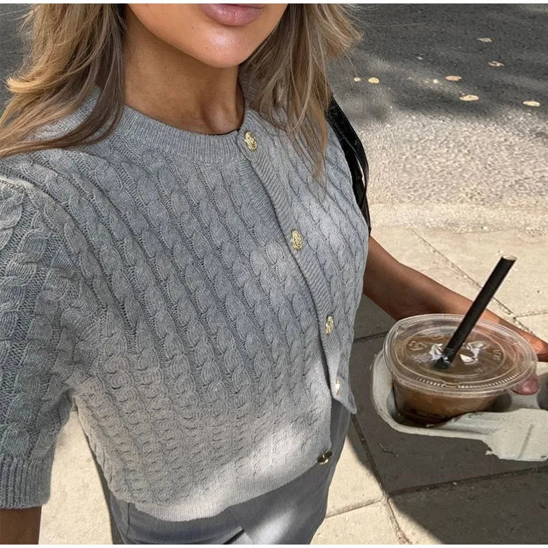 LIZAKOSHT  -  Elegant Knitted Single Breasted Cardigan Women Casual O-neck Short Sleeve Sweater Sweater 2025 Spring All-match Lady Knitwear