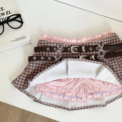 LIZAKOSHT  -  Aesthetic Designer Low-waisted Pink Plaid Short Skirt Women Hot Girl Y2k Double Belt Package Hip Thin Bouffant Skirts Outfits