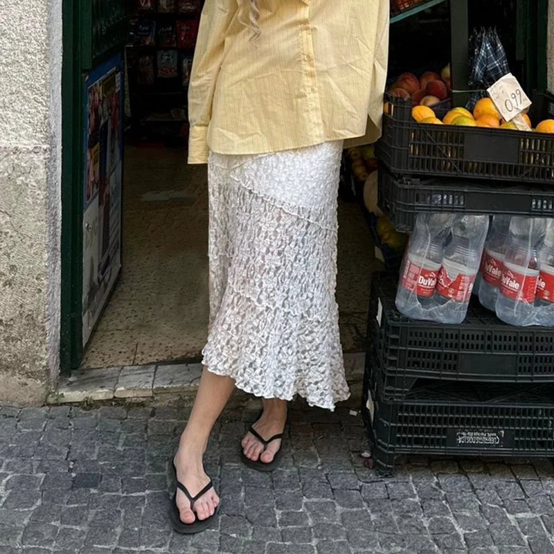 LIZAKOSHT  -  Vintage Lace Midi Skirt Floral Sheer See-Through Irregular Hem A-line Skirt Fairy Streetwear Chic Women Long Skirt