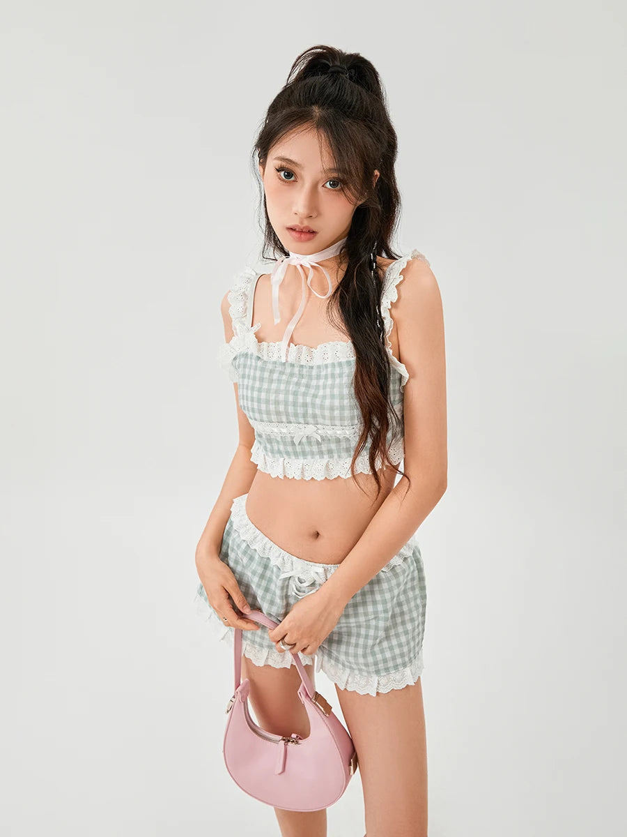 LIZAKOSHT  -  Kawaii Summer Two-Piece Top Shorts Suits Y2K Aesthetic Clothes Women Girls Lace Trim Straps Crop Tops and Shorts Sets Streetwear