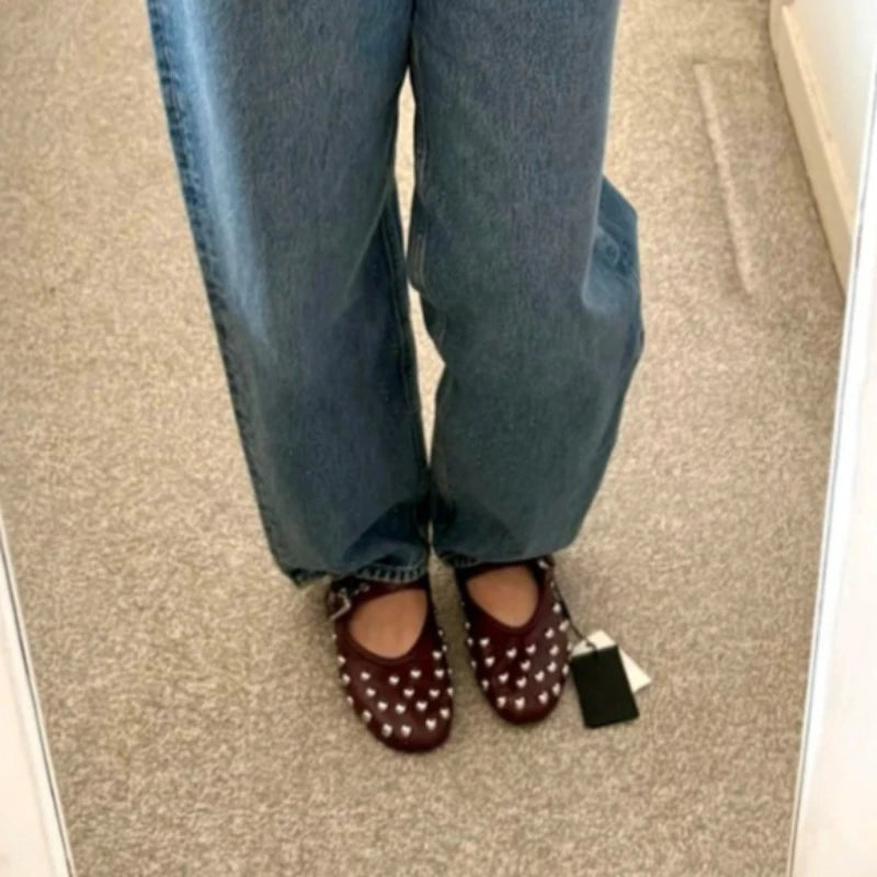 LIZAKOSHT  -   Studded Mary Jane Flats Women Suede Round Toe Buckle Strap Ballet Shoes Brown Punk Goth Casual Loafers Comfortable Ladies