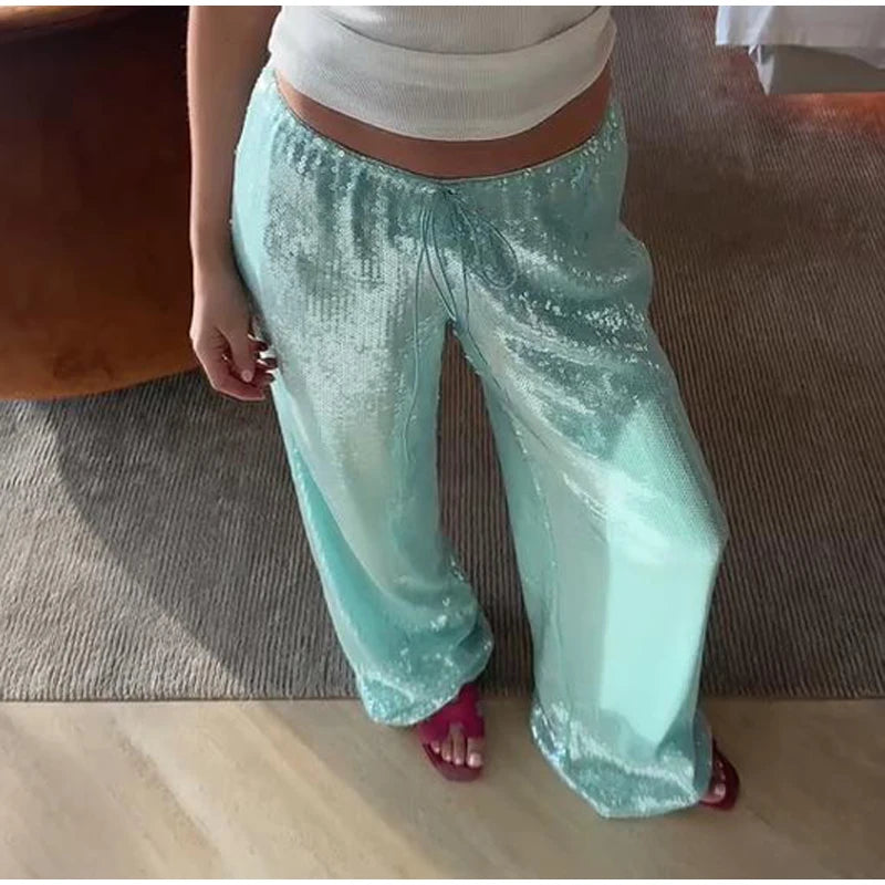LIZAKOSHT  -  Chic Sequined Long Pants For Women High Waist  Lace Up Ankle-length Loose Trousers 2025 Spring Summer Fashion Female Y2k Pant