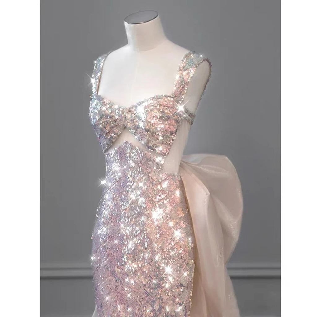 LIZAKOSHT  -  Shiny Pink Mermaid Evening Dresses Bowknot Sequined Beading Detachable Tailing Halter Collar Customize Luxury Prom Gowns 2024