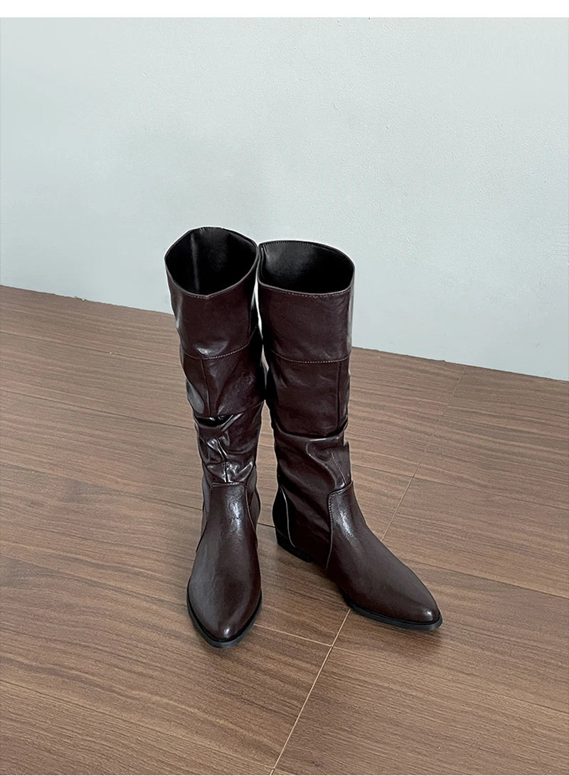 LIZAKOSHT  -  Cosy Soft Leather Women Knee High Boots Fashion Slip On Knight Long Booties Winter Internal Elevation Shoes Zapatos De Mujer