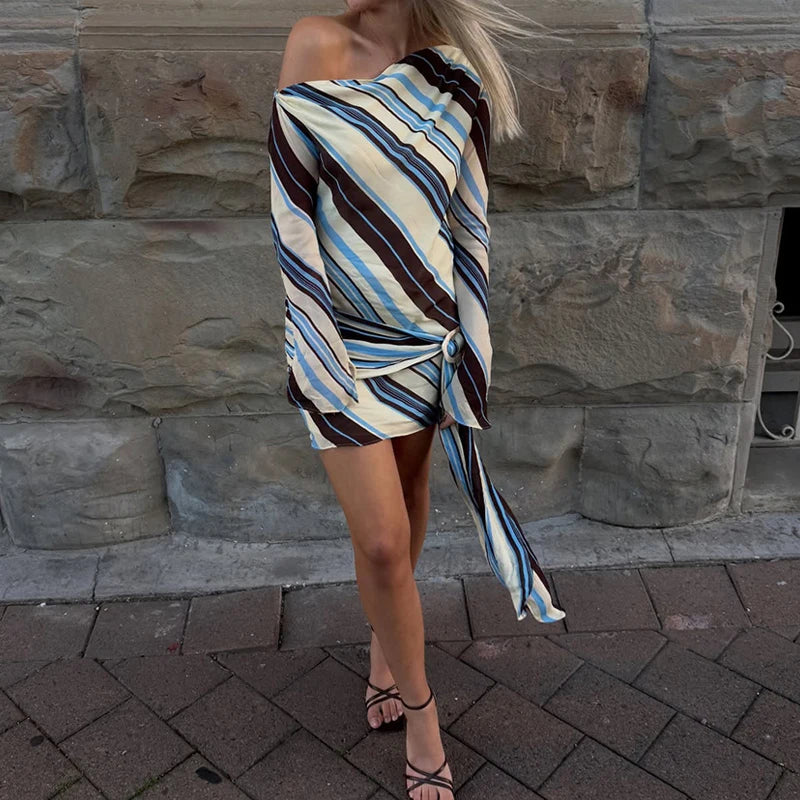 LIZAKOSHT  -  Women's Casual Long Sleeve Mini Dress New Autumn Retro Striped Print Asymmetrical Dress Fashion Slant Neck Tie Up Holiday Dress