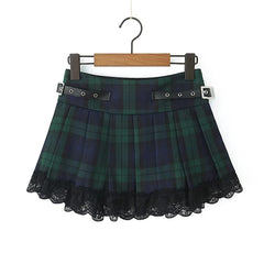 LIZAKOSHT  -  Y2K  Women With Belt High Waist Plaid Skirt Lace Trim Summer Female A-line Mini Skirts