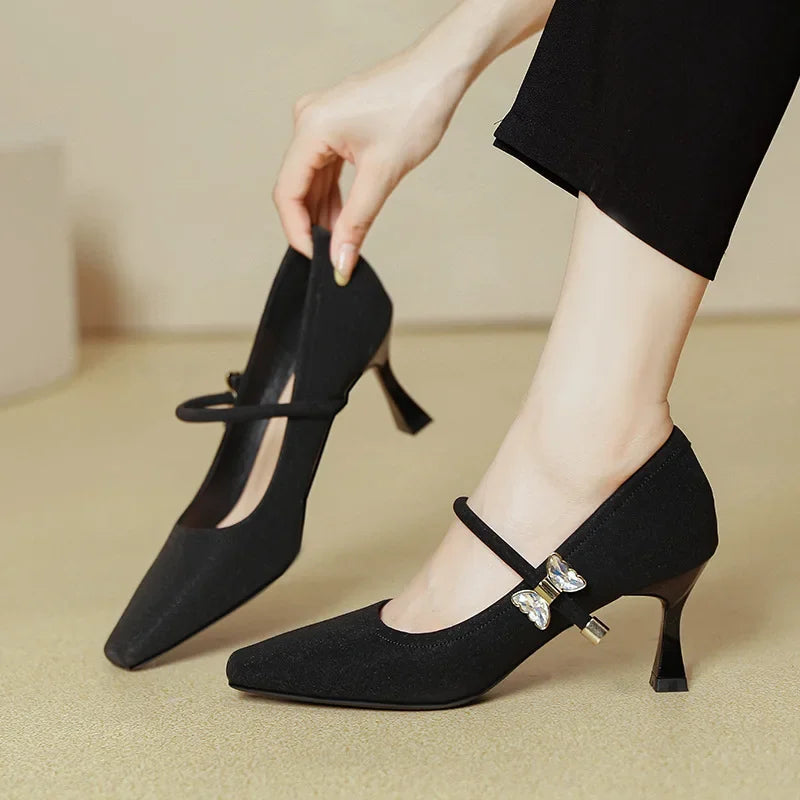 LIZAKOSHT  -  Fashion Elegant High Heels for Women Square Toe Thin Heels Office Shoes Fashion Shallow Diamond Bow Mary Jane Shoes Women Pumps
