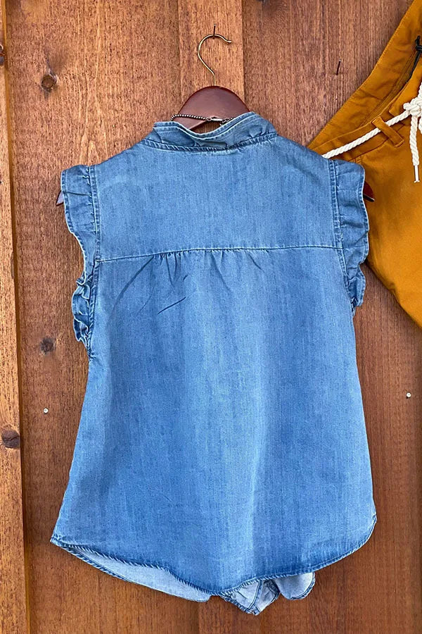 LIZAKOSHT  -  2024 Summer New Women's Ruffled Denim Shirt Sleeveless Vest Tops