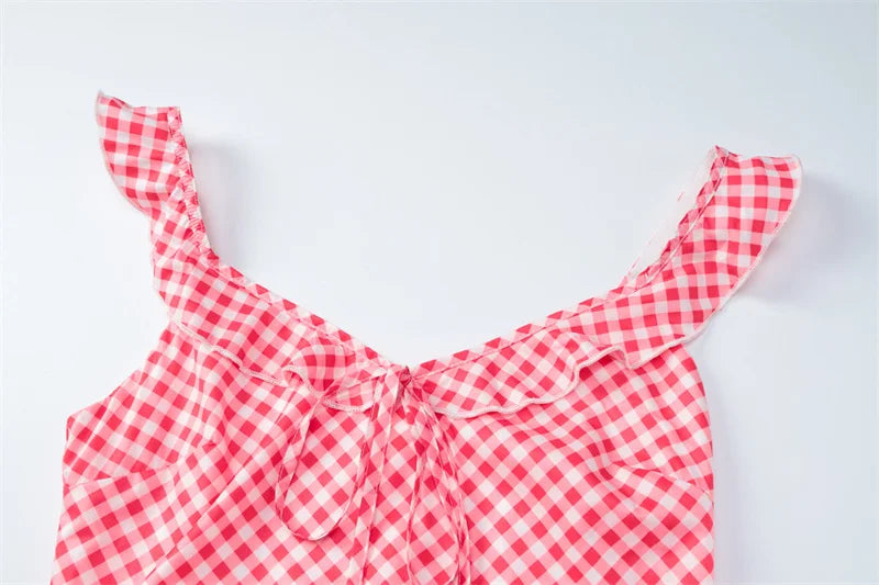 LIZAKOSHT  -  Sexy V-neck Plaid Print Fashion Maxi Dress For Women Spaghetti Patchwork Sleeveless Vacation Long Dress Elegant Vestido