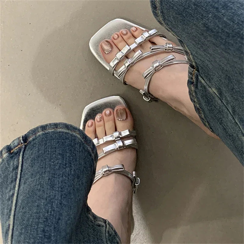 LIZAKOSHT  -  Leopard Narrow Strap Women Slippers 2025 Summer Fashion Party Thin Heel Satin Slide Sandals Sexy Square Toe Bowknot Mule Shoes