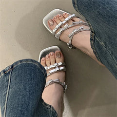 LIZAKOSHT  -  Leopard Narrow Strap Women Slippers 2025 Summer Fashion Party Thin Heel Satin Slide Sandals Sexy Square Toe Bowknot Mule Shoes