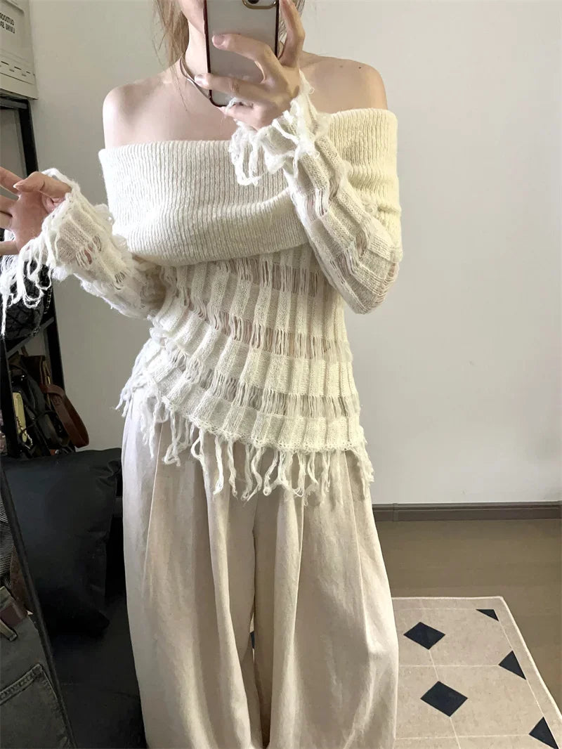 LIZAKOSHT  -  Women's White Pullover Knitted Sweater Harajuku Aesthetic Y2k Long Sleeves Slash Neck Sweaters Vintage 2000s Clothes Autumn