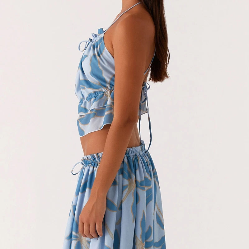 LIZAKOSHT  -  Women 2 Piece Set Summer Outfits Elegant Ladies Sleeveless Tie Front Camis Backless Crop Tops + Long Skirt Beachwear