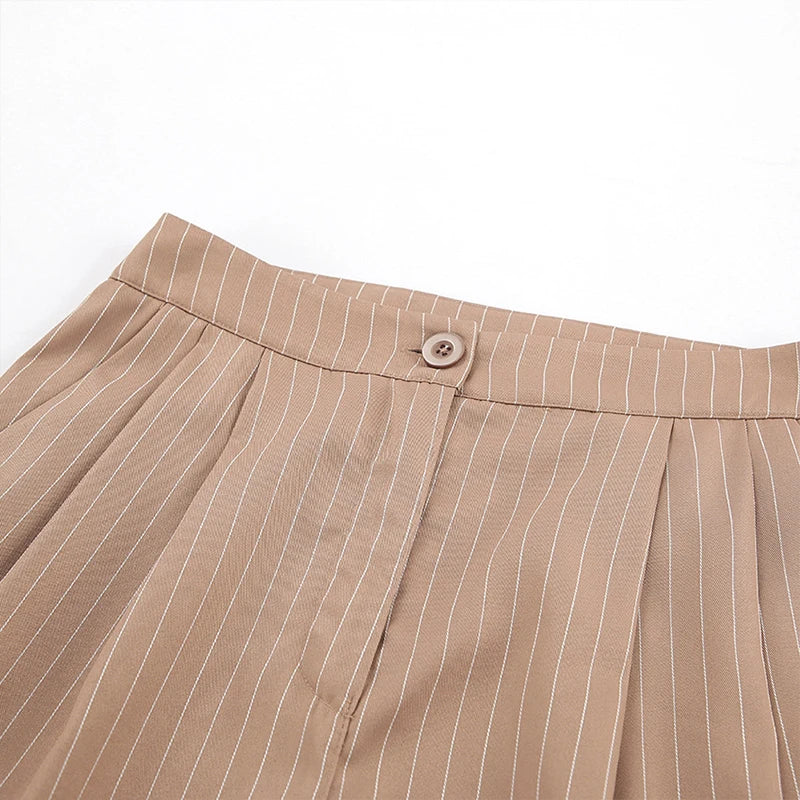 LIZAKOSHT  -  Office Lady Summer Striped Solid V Neck Buttons Sleeveless T-shirt and High Waist Wide Leg Pants Two Piece Sets For Women
