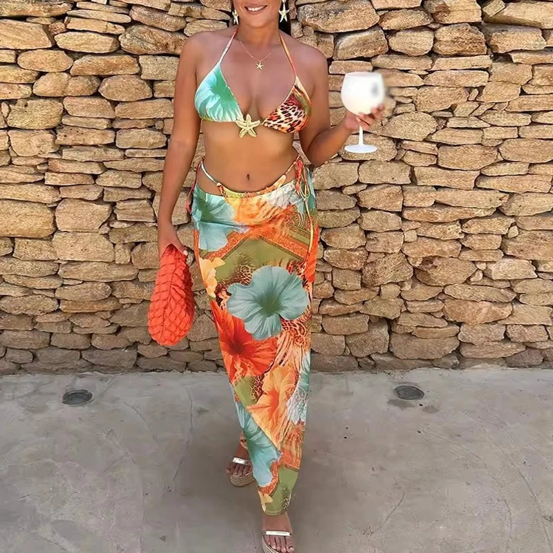 LIZAKOSHT  -  Sexy 3 Piece Set Swimsuit 2025 Bohemian Backless Halter Cropped Top Side Drawstring+Cover Up Skirt Beachwear Women Print Clothes