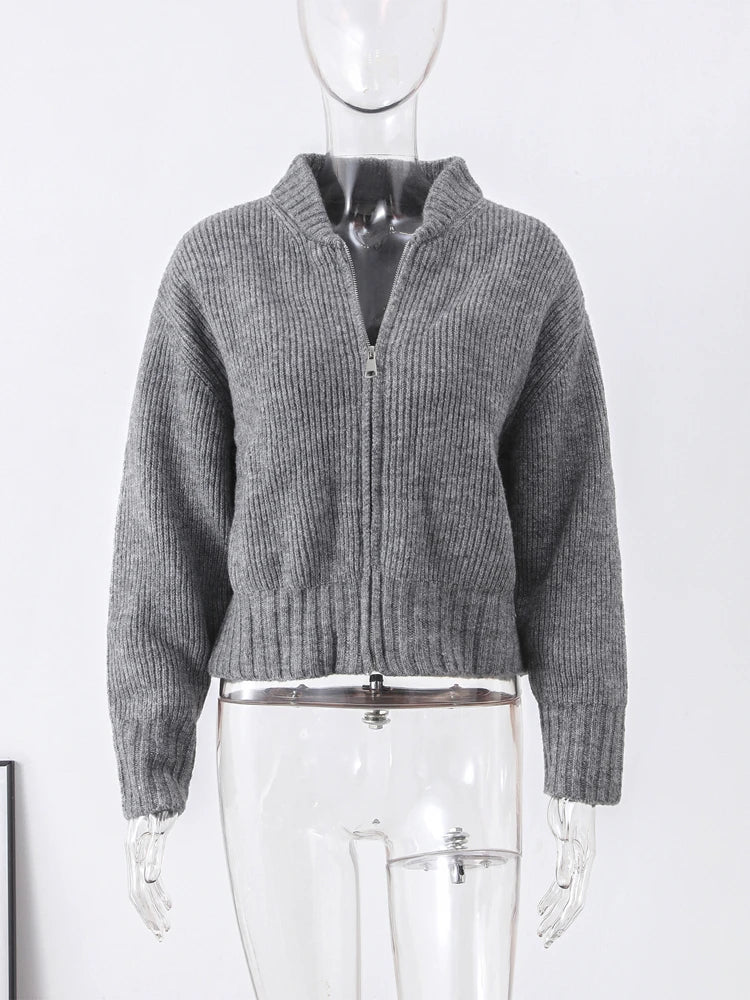 LIZAKOSHT  -  Fashion Gray Zipper Knitted Sweater For Women 2024 Spring Autumn Long Sleeve Knit Bomber Jacket Female Street Warm Lady Chic Top