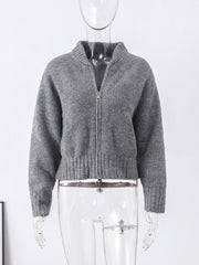 LIZAKOSHT  -  Fashion Gray Zipper Knitted Sweater For Women 2024 Spring Autumn Long Sleeve Knit Bomber Jacket Female Street Warm Lady Chic Top
