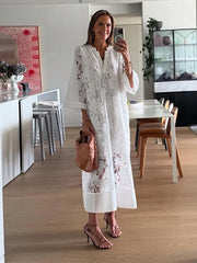 LIZAKOSHT  -  Solid Lace Hollow Out Women's Dress Elegant V-neck Patchwork Puff Sleeve Long Dressess Female Summer Fashion New Lady Robes