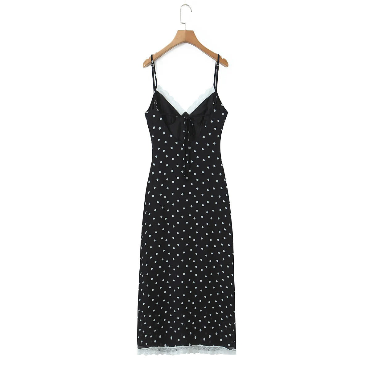 LIZAKOSHT  -  Sexy Coffee Polka Dot Print Spliced Lace V Collar Sling Dress Women Lacing up Strap Backless Long Dresses Femme Vestidos Robe