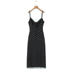 LIZAKOSHT  -  Sexy Coffee Polka Dot Print Spliced Lace V Collar Sling Dress Women Lacing up Strap Backless Long Dresses Femme Vestidos Robe