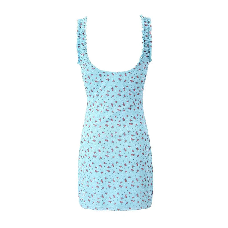 LIZAKOSHT  -  Sexy Women V Neck Sleeveless Floral Print Mesh Dress Summer Ladies High Waist A-line Mini Dresses Holiday Robe