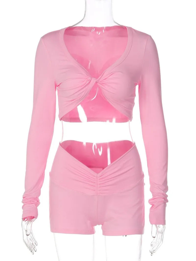 LIZAKOSHT  -  Woman Clothes V-neck Long Sleeve Cropped T-shirts and Shorts Matching Sets Girls Clothes Y2K Black Pink Short Pants Tracksuits