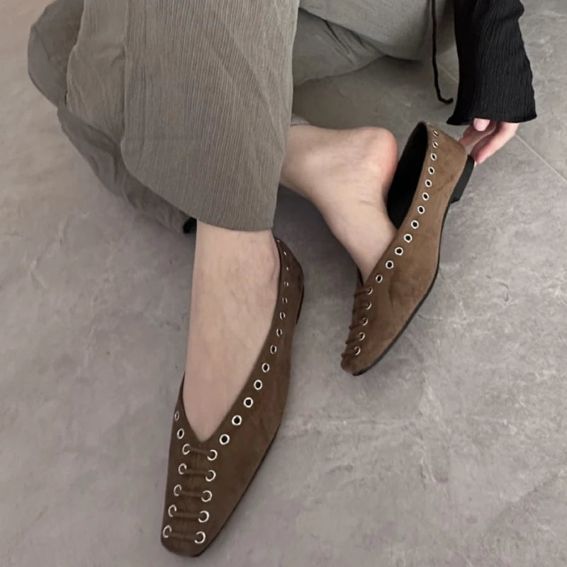 LIZAKOSHT  -  Square Toe Faux Suede Flats Women Comfort Rivet Design Shallow Mouth Loafers Vintage Soft Sole Designer Mary Jane Shoes