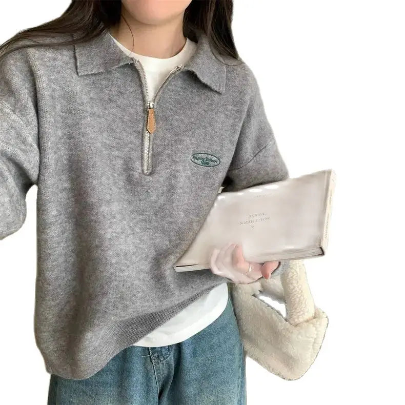 LIZAKOSHT  -  Sweaters Half Zipper POLO Neck Women Girls Vintage Preppy Sweatshirt Jumper Gray Khaki Loose Long Sleeve Pullover Korean Fashion