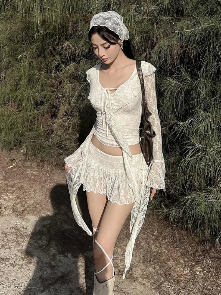 LIZAKOSHT  -  Two Pieces Set Lace Bandage Sexy Streetwear Slim Sweet Crop Tops + Women Y2k Aesthetic Vintage Harajuku Irregular Mini Skirts