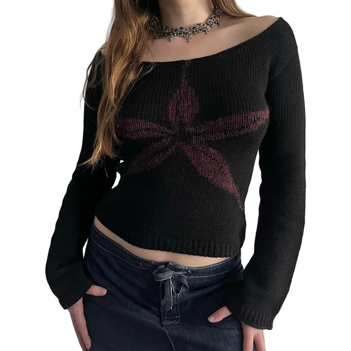 LIZAKOSHT  -  Women Y2K Vintage Off Shoulder Sweater Slim Fit Aesthetic Graphic Print Long Sleeve Knitweare Tops Vintage Streetwear