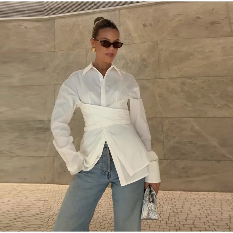 LIZAKOSHT  -  Chic Waist Cinching Lapel Shirt Woman Solid Color Irregular Hem Long Sleeves Slim Top Casual Commuting Versatile Women's Shirts