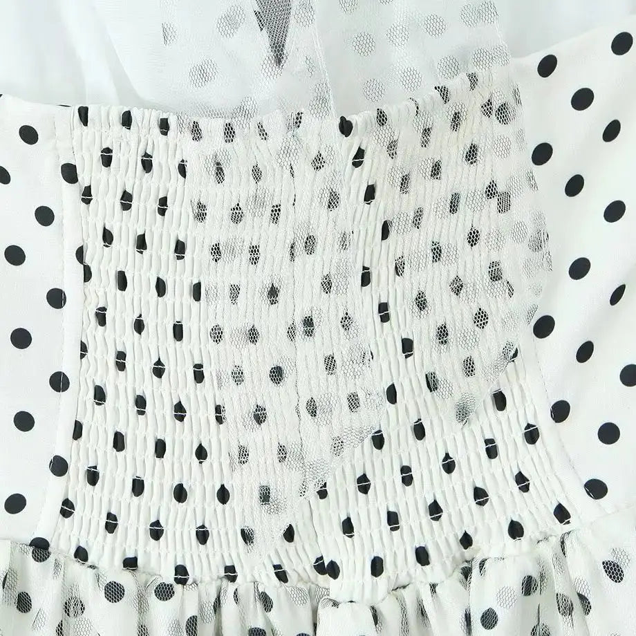 LIZAKOSHT  -  Sexy Polka Dot Print Spliced Mesh Bow Halter Dress Women Backless Slim Low Waist Swing Ball Gown Short Sling Dresses Vestidos