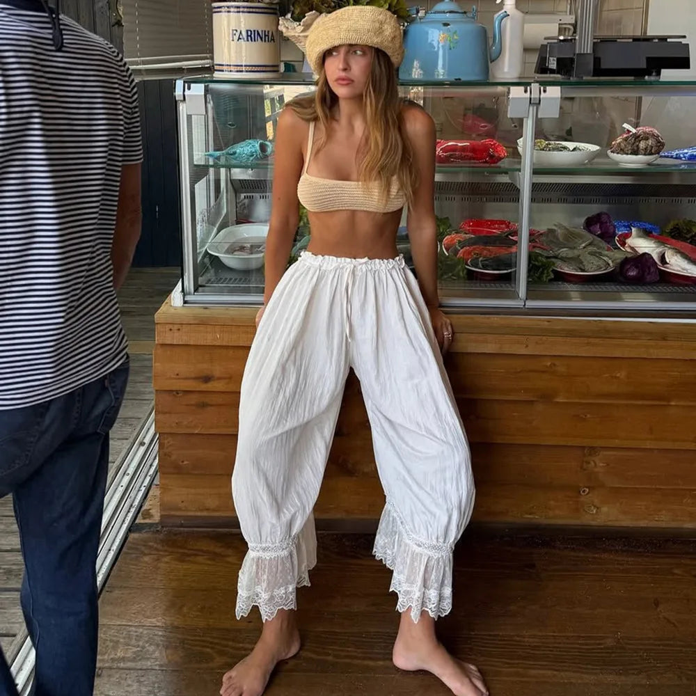 LIZAKOSHT  -  Autumn Lace Patchwork Casual Long Pants For Women Fashion Ruched Sexy Elastic Lace-up Loose Long Pants Female Outfits