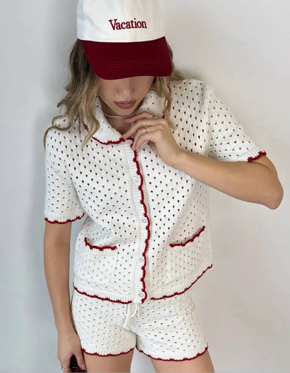 LIZAKOSHT  -  Knitted Shorts Set Fashion Casual Clashing Cardigan Top Lace Up Shorts Set Women  Vacation Sports Knitted Shorts Set