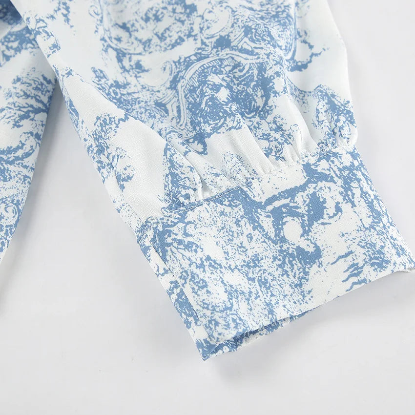 LIZAKOSHT  -  Chic Summer Women Stand Collar Flowers Printed Shirt Short Sleeved Floral Blouses Slim Fit Tops + A-Line Pleated Skirt 2Pcs Set