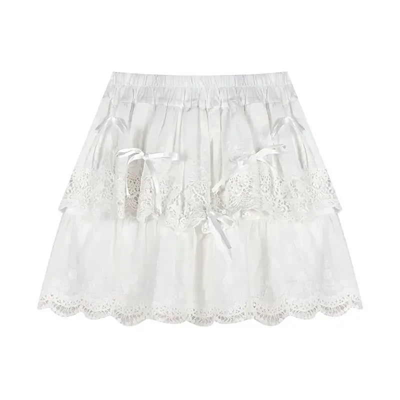 LIZAKOSHT  -  Coquette Lace Mini Skirt Women White Sweet Bow Kawaii Ruffle Skirts Patchwork Layered Cute A-line Short Skirt Aesthetics