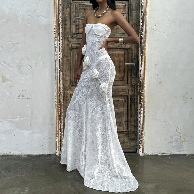 LIZAKOSHT  -  Summer Lace Strapless 3D Flowers Appliques Long Sleeveless Prom Club Dress See Through Sexy Solid Sheath Dress Vestidos