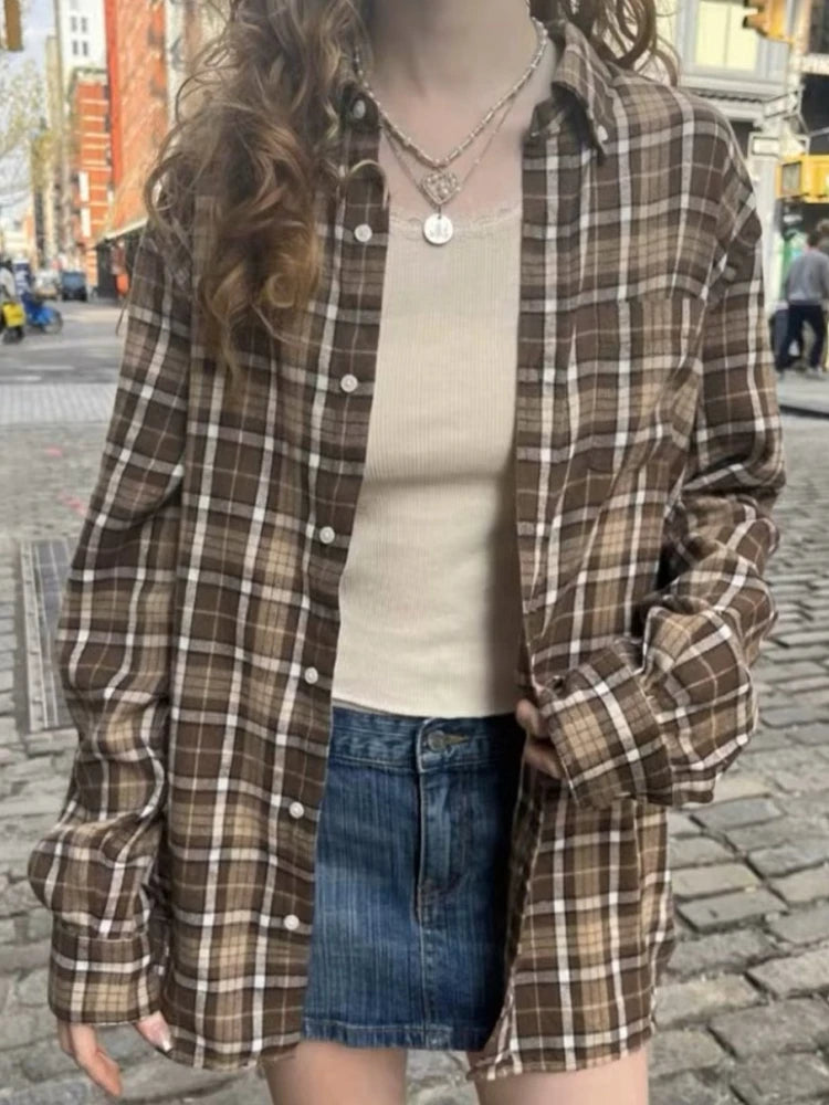 LIZAKOSHT  -  Casual Women Single-breasted Loose Shirts Summer Vintage Polo Neck Long Sleeves Plaid Printed Shirts Female Chic Tops