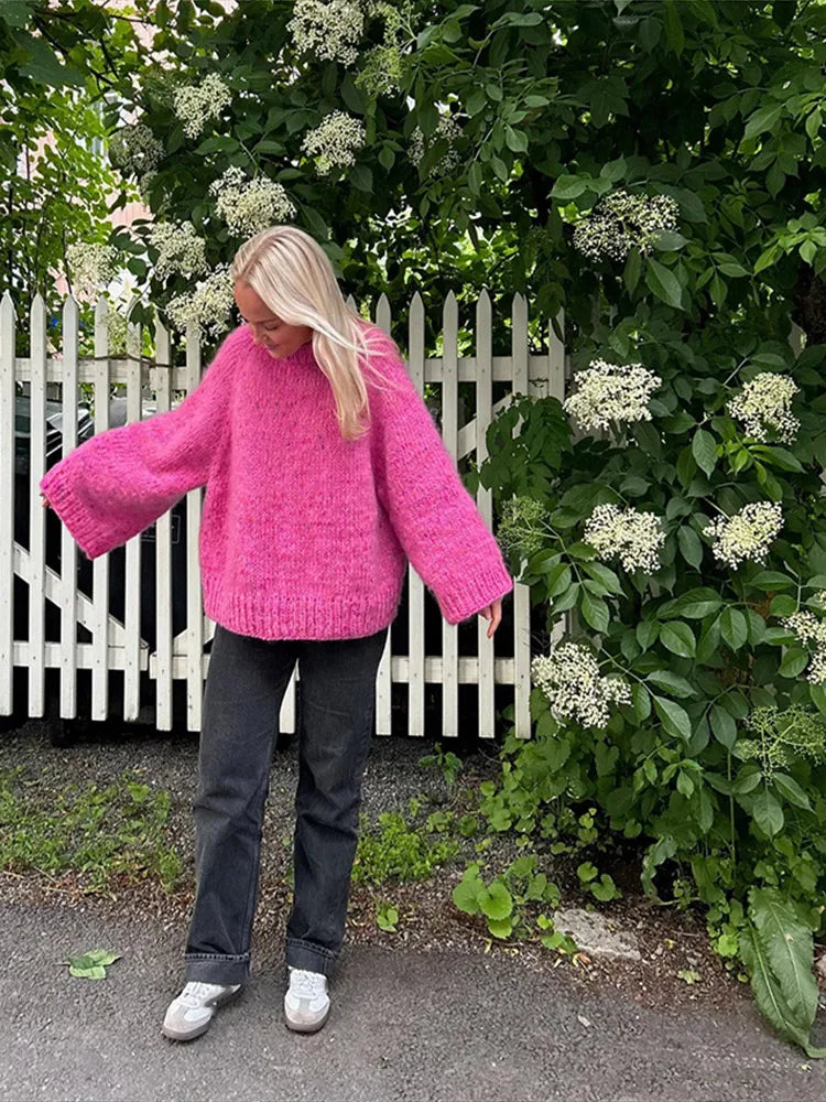 LIZAKOSHT  -  Sweet Rose Red Women Loose O-neck Pullover Elegant Long Flare Sleeve Casual Knitted Sweater Autumn Lady Commute Streetwear
