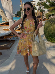 LIZAKOSHT  -  Fashion Yellow Floral Print Mini Dress For Women Casual O-neck Sleeveless Ruffle Trim With Lace Dress Lady Beach Vestidos