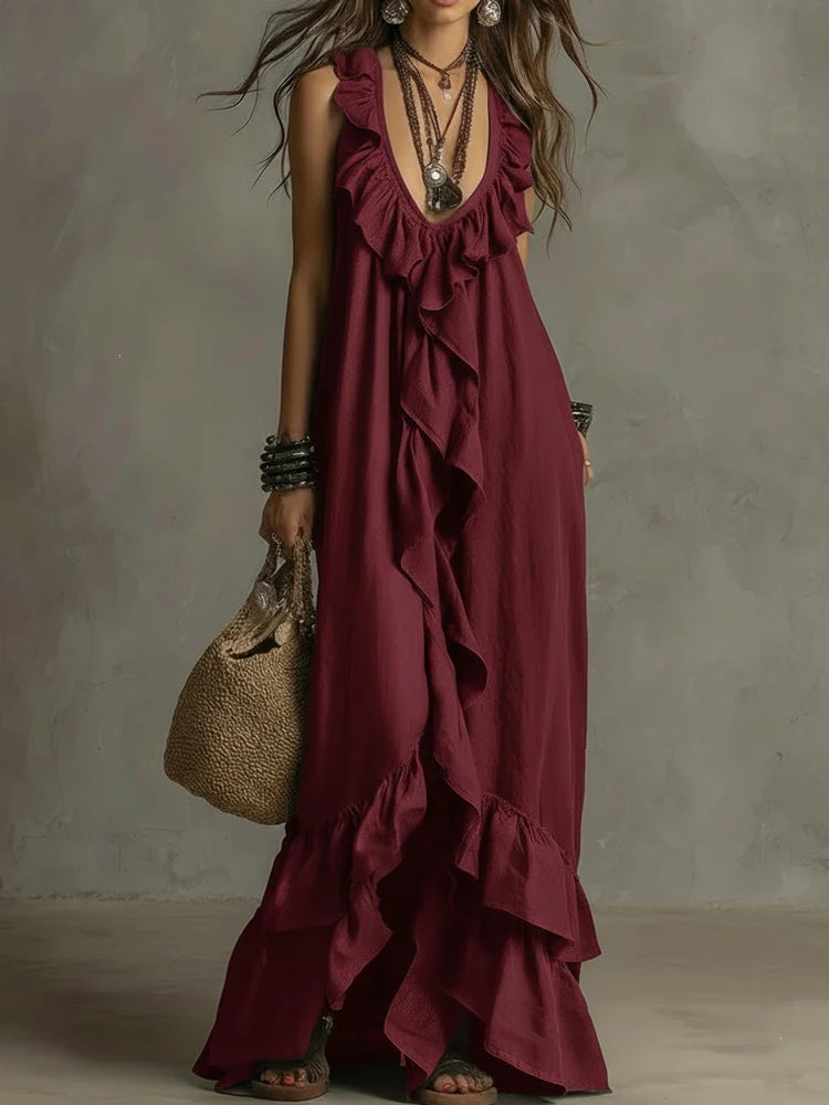 LIZAKOSHT  -  Lady Fashion Ruffle Trim Vacation Long Dress Bohemian Style Loose Summer Dress  Elegant Deep V Neck Sleeveless Solid Party Dress